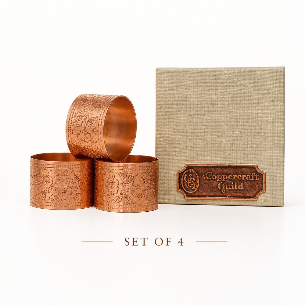 Coppercraft Guild Copper Napkin Rings Set Floral Etched MCM Vintage Boxed